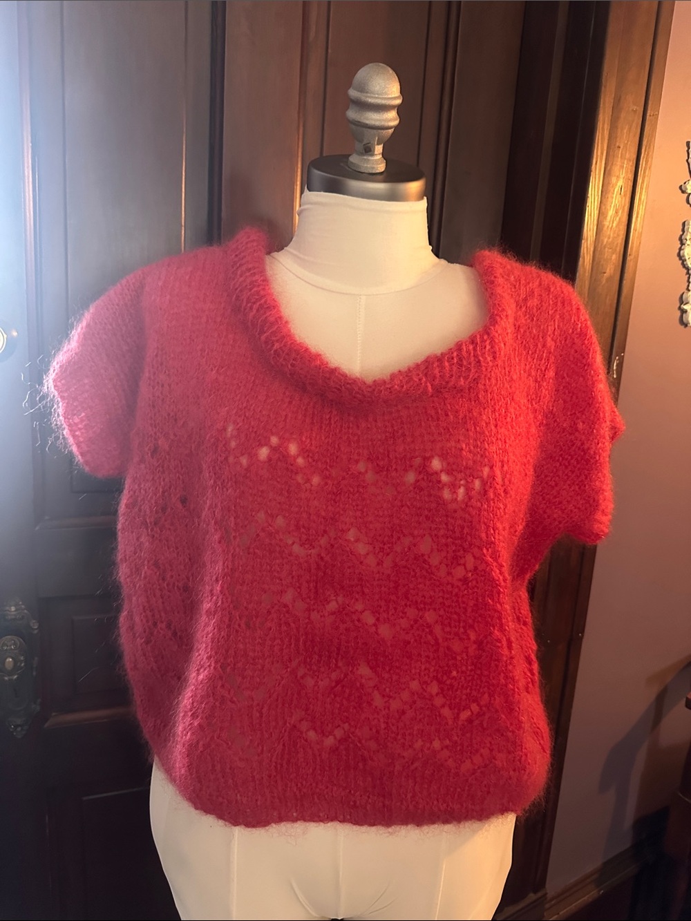 Cozy Red Short-Sleeve Fuzzy Knit Sweater